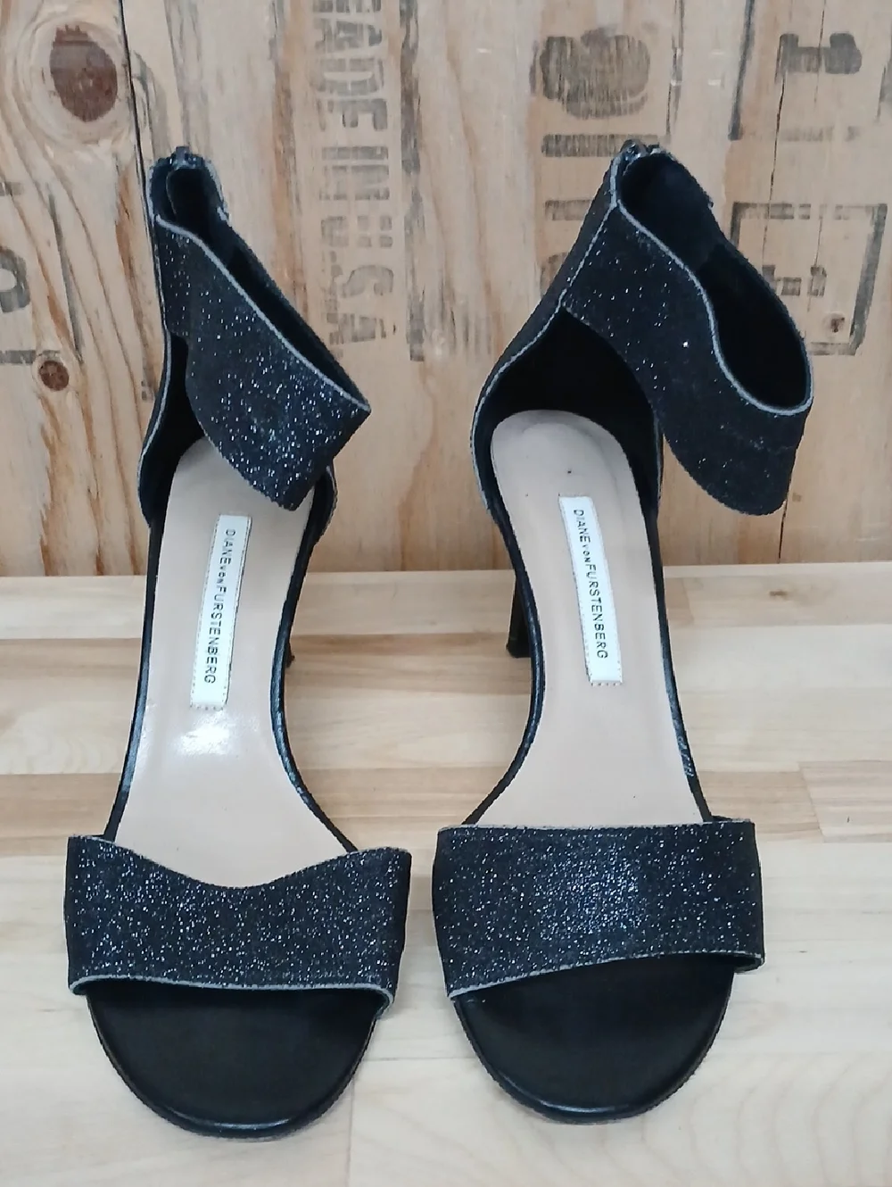 Diane Von Furstenberg Black Glitter Ankle-Strap Stiletto Heels Size 7.5 B